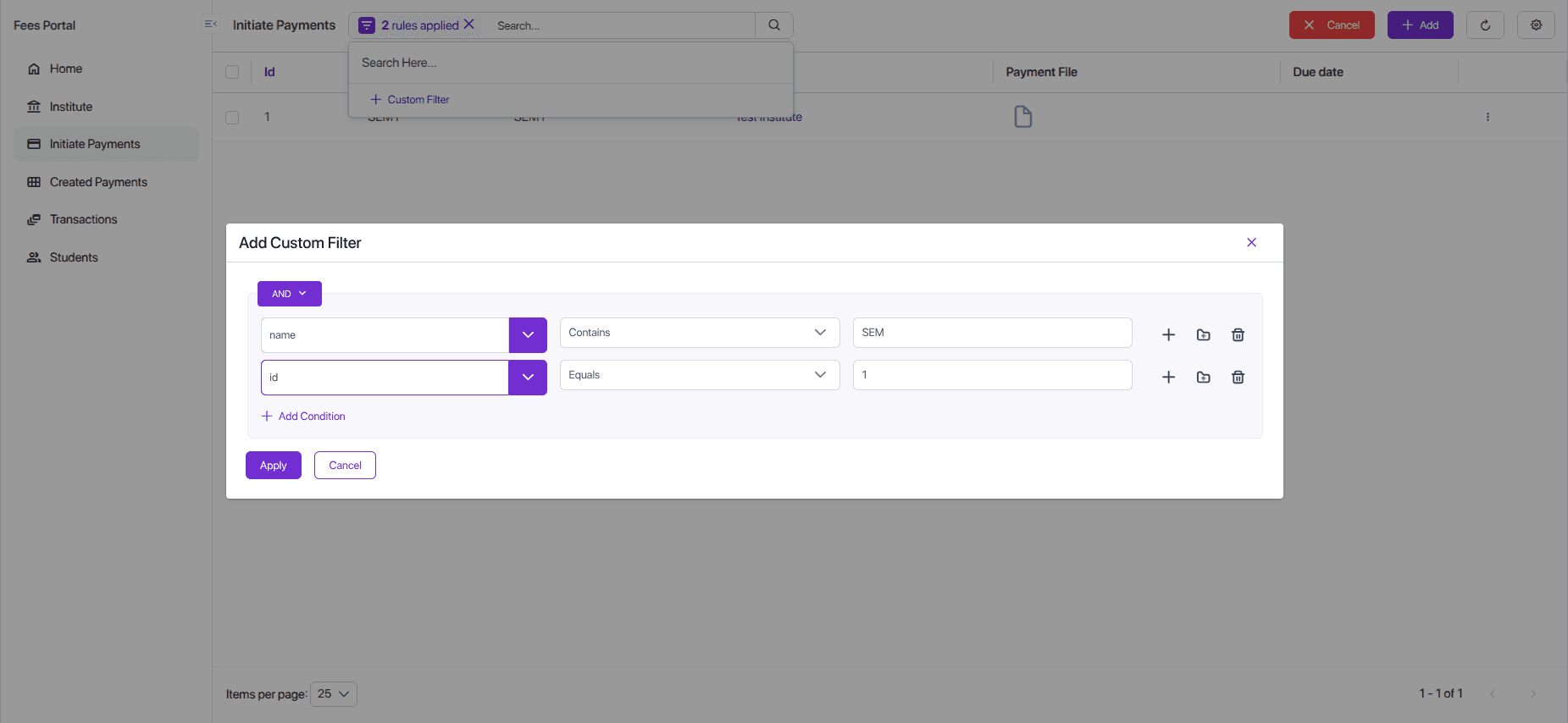 Apply Filters for Cancellation