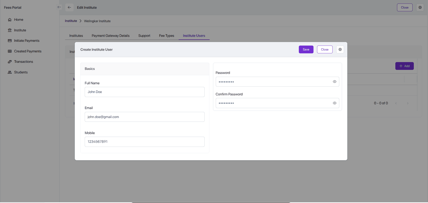 Institute User Login Screens