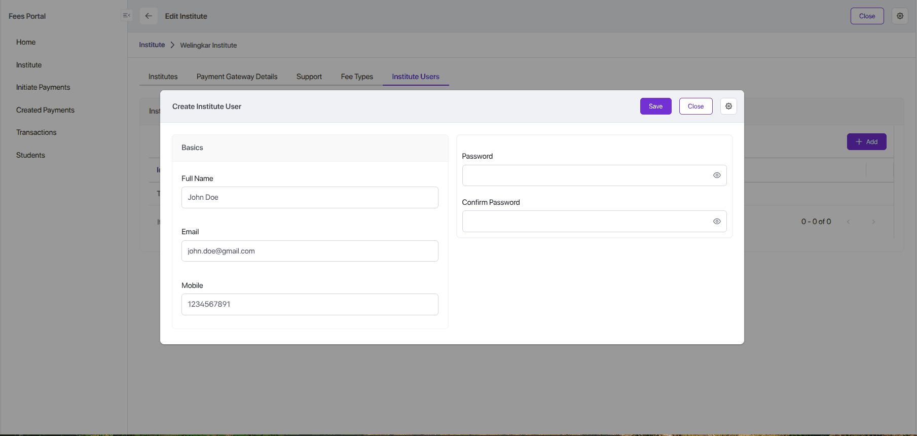 Institute User Login Screens
