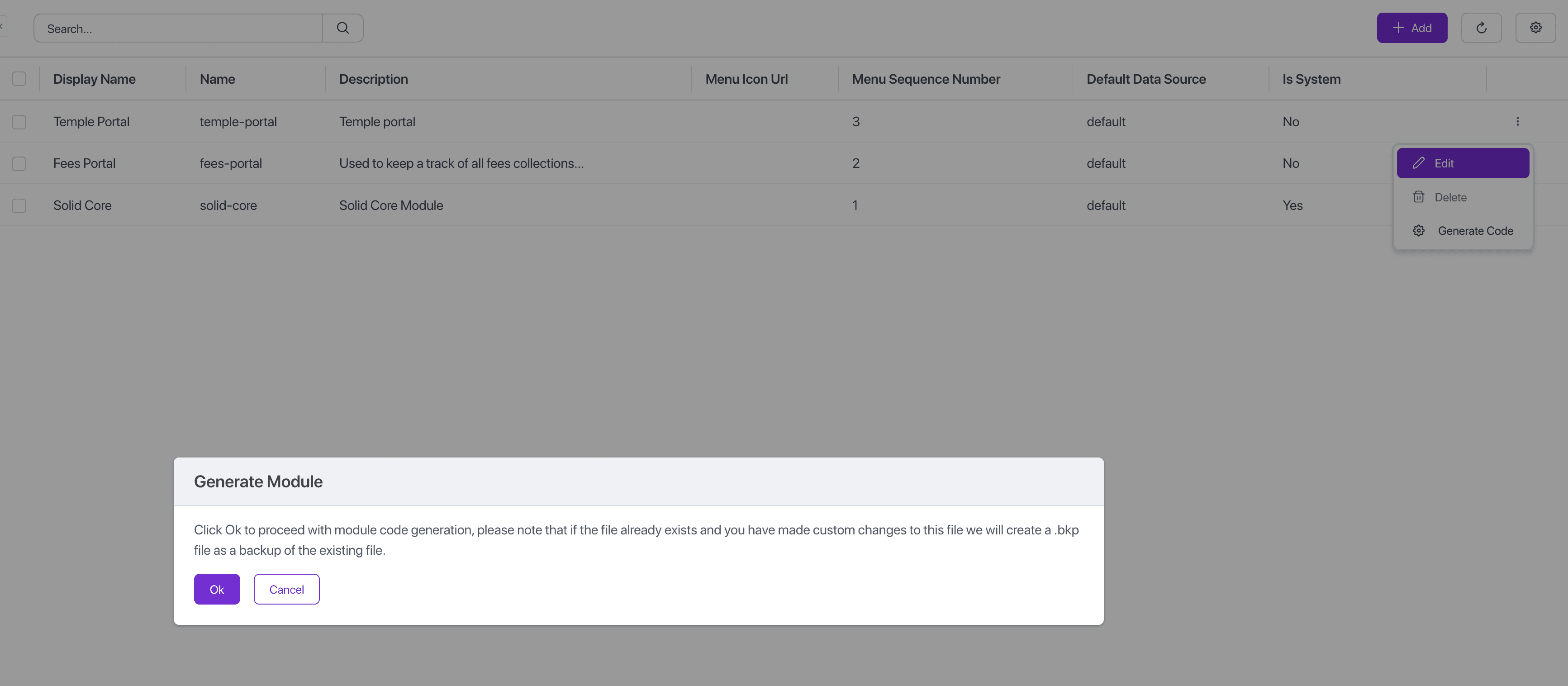 Generate Module Code Confirmation